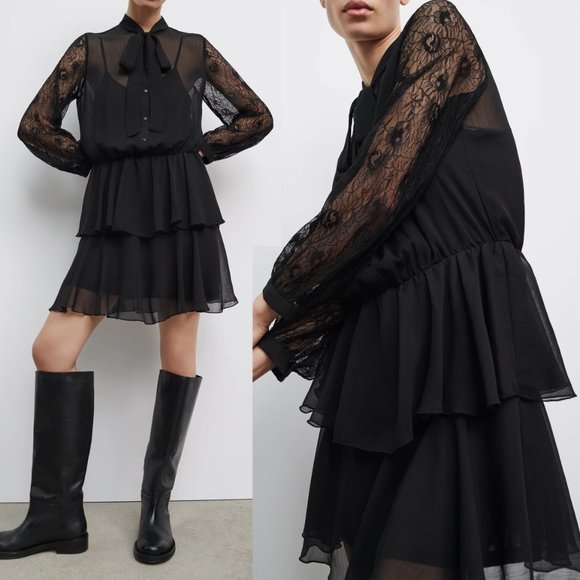 NEW Zara Black Lace Bow Neck Ruffled Mini Dress - Picture 2 of 11